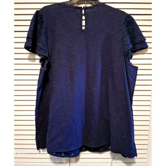 Lane Bryant Womens Navy Blue Lace Overlay Top Size 18/20 100% Cotton Knit Keyhol - Picture 3 of 9